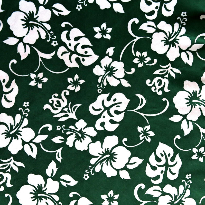 Microfiber Boardshort Fabric White Hibiscus Floral on Green