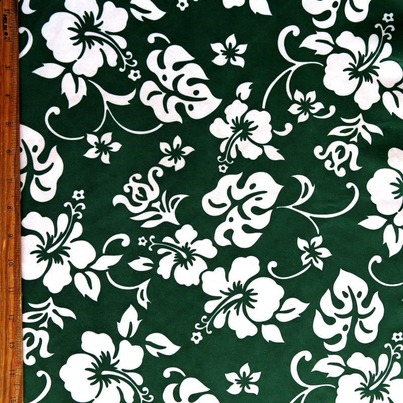 Microfiber Boardshort Fabric White Hibiscus Floral on Green
