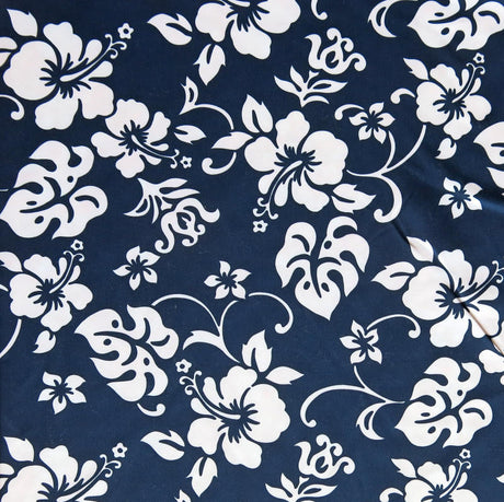 Microfiber Boardshort Fabric White Hibiscus Floral on Navy