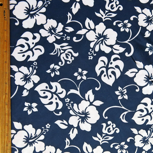 Microfiber Boardshort Fabric White Hibiscus Floral on Navy
