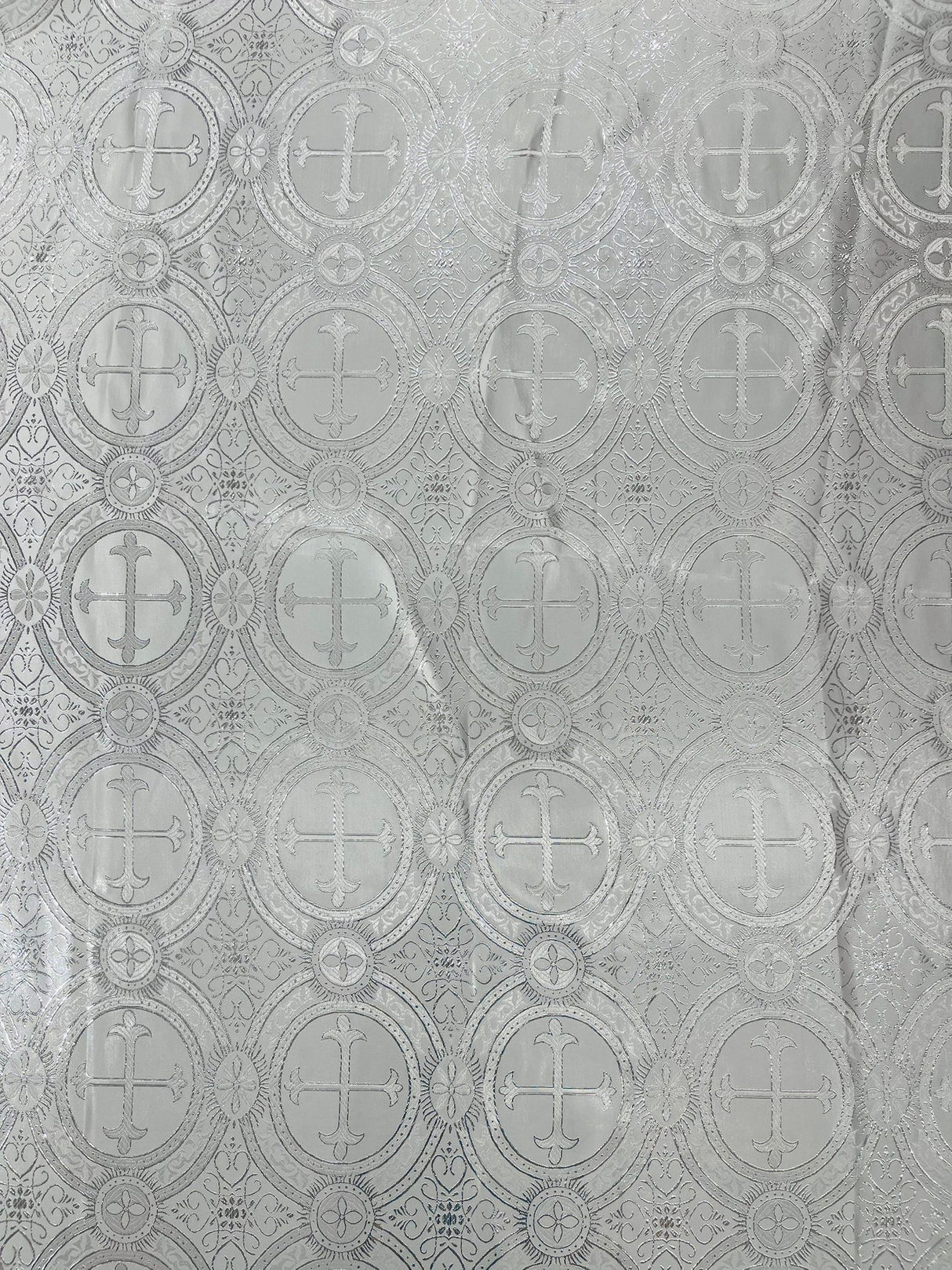 White/Silver Rectangular Metallic Cross Brocade Jacquard Satin Fabric - White/Silver Metallic Cross Pattern, Rectangular Tablecloth Overlay, Liturgical Fabric (60 Inches x 72 Inches)