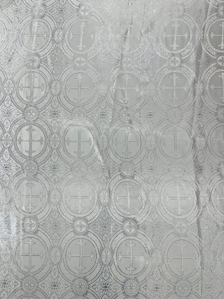 White/Silver Rectangular Metallic Cross Brocade Jacquard Satin Fabric - White/Silver Metallic Cross Pattern, Rectangular Tablecloth Overlay, Liturgical Fabric (60 Inches x 72 Inches)