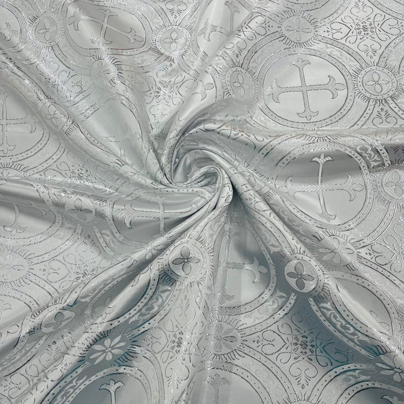 White/Silver Rectangular Metallic Cross Brocade Jacquard Satin Fabric - White/Silver Metallic Cross Pattern, Rectangular Tablecloth Overlay, Liturgical Fabric (60 Inches x 72 Inches)