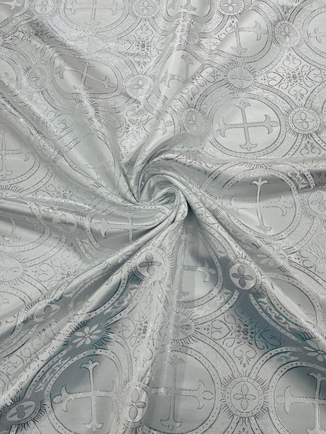 Square Metallic Cross Jacquard Satin Fabric - White/Silver Metallic Cross Pattern, Square Table Overlay (36" Inches x 36" Inches)