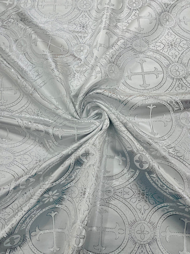 Square Metallic Cross Jacquard Satin Fabric - White/Silver Metallic Cross Pattern, Square Table Overlay (36" Inches x 36" Inches)