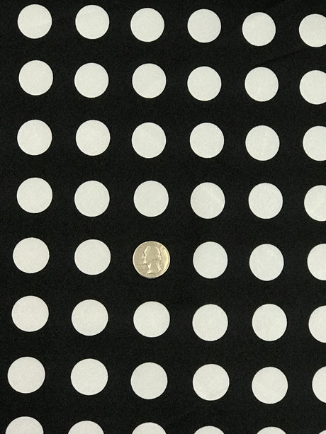 Big Polka Dots White On Black Polyester Satin Fabric - White Polka Dots On Black, 59/60" Width (1 Yard)