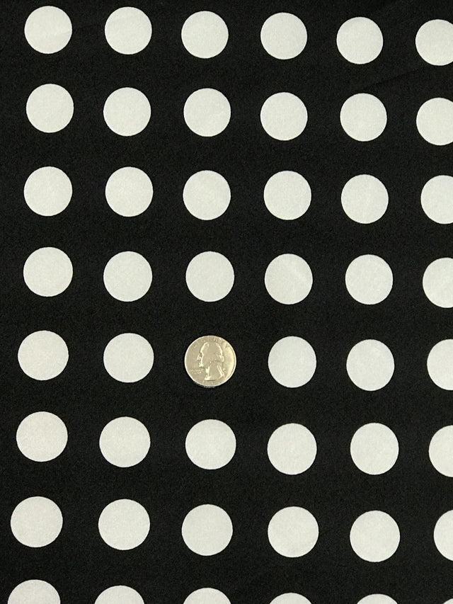 Big Polka Dots White On Black Polyester Satin Fabric - White Polka Dots On Black, 59/60" Width (1 Yard)