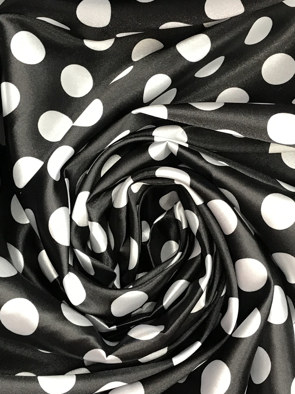 Big Polka Dots White On Black Polyester Satin Fabric - White Polka Dots On Black, 59/60" Width (1 Yard)