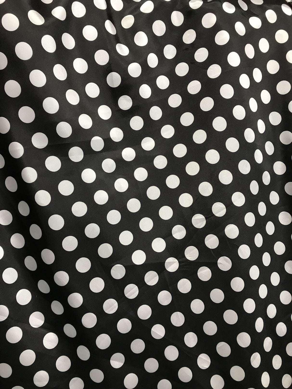 Big Polka Dots White On Black Polyester Satin Fabric - White Polka Dots On Black, 59/60" Width (1 Yard)