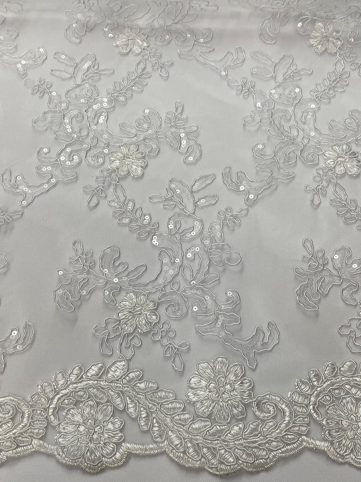 Elena'S Lace Polyester Lace Fabric - White/Clear Sequins, Double Scalloped Edge, 54" Width (1 Yard)