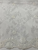 Elena'S Lace Polyester Lace Fabric - White/Clear Sequins, Double Scalloped Edge, 54" Width (1 Yard)