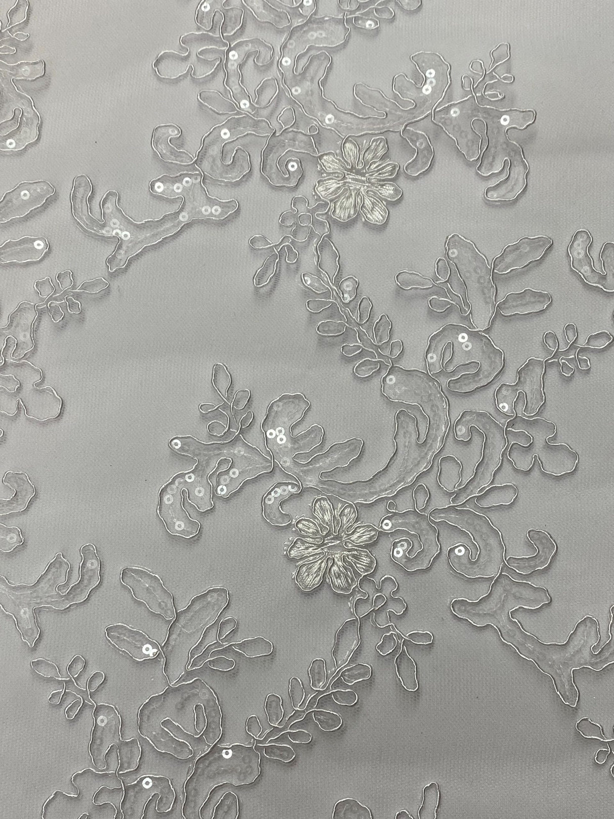 Elena'S Lace Polyester Lace Fabric - White/Clear Sequins, Double Scalloped Edge, 54" Width (1 Yard)