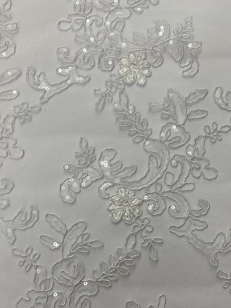 Elena'S Lace Polyester Lace Fabric - White/Clear Sequins, Double Scalloped Edge, 54" Width (1 Yard)