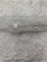 Elena'S Lace Polyester Lace Fabric - White/Clear Sequins, Double Scalloped Edge, 54" Width (1 Yard)