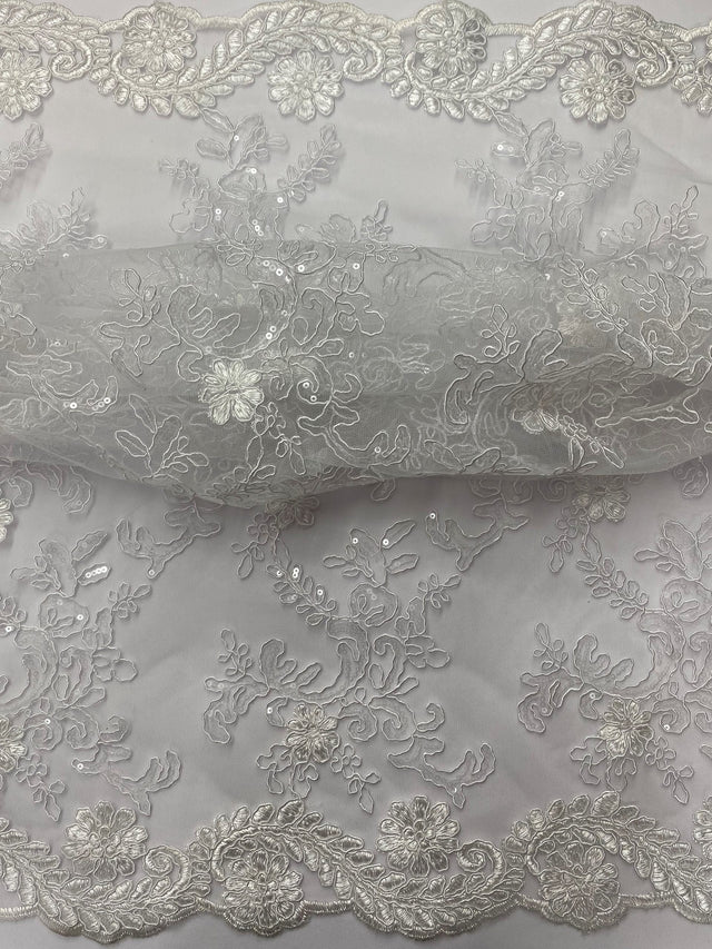 Elena'S Lace Polyester Lace Fabric - White/Clear Sequins, Double Scalloped Edge, 54" Width (1 Yard)