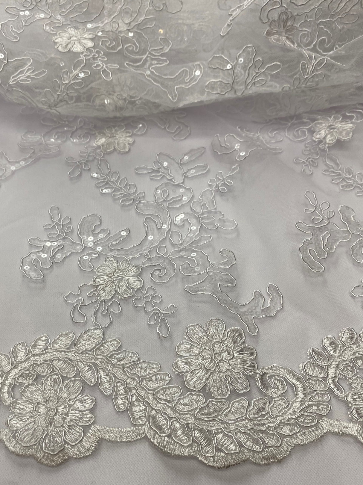 Elena'S Lace Polyester Lace Fabric - White/Clear Sequins, Double Scalloped Edge, 54" Width (1 Yard)