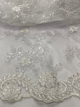 Elena'S Lace Polyester Lace Fabric - White/Clear Sequins, Double Scalloped Edge, 54" Width (1 Yard)