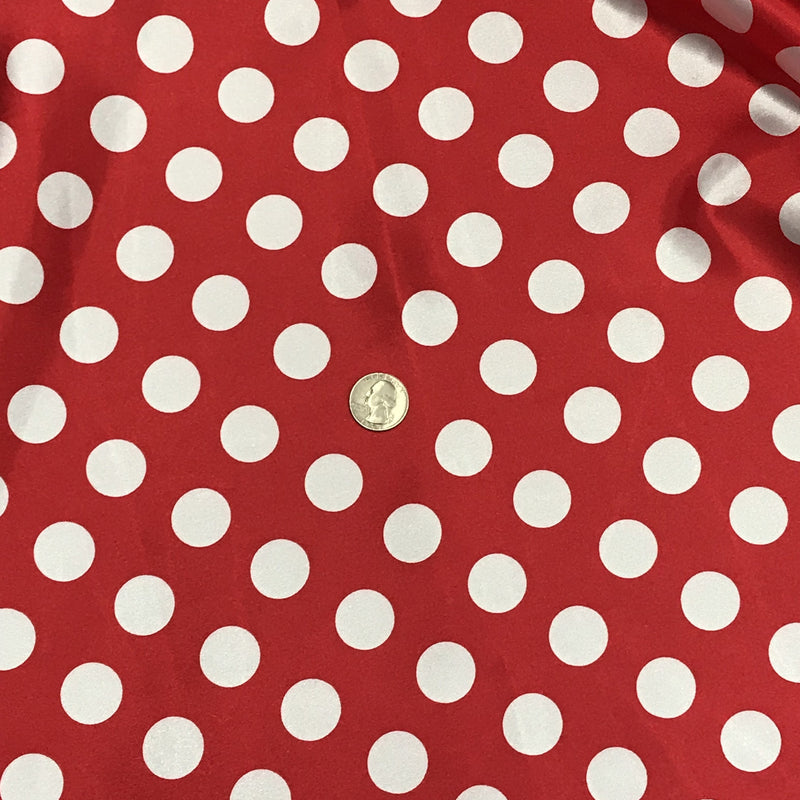 Big Polka Dots White On Red Polyester Satin Fabric - White Polka Dots On Red, 59/60" Width