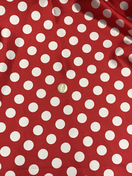 Big Polka Dots White On Red Polyester Satin Fabric - White Polka Dots On Red, 59/60" Width
