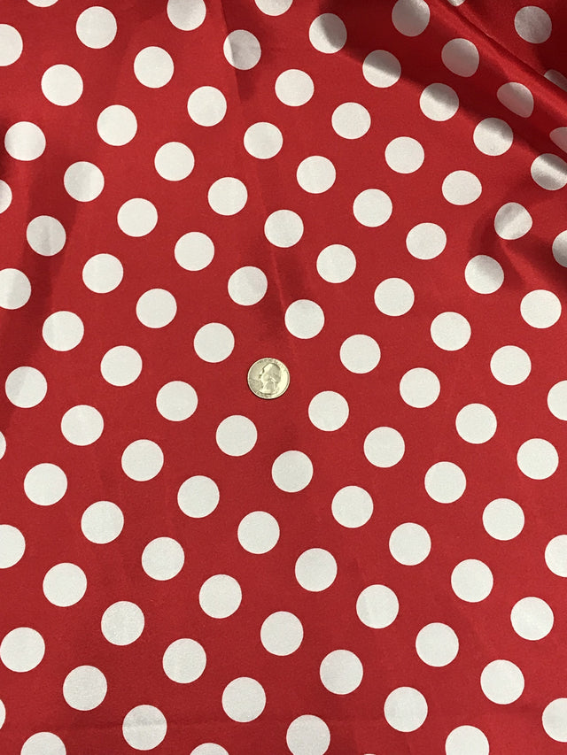 Big Polka Dots White On Red Polyester Satin Fabric - White Polka Dots On Red, 59/60" Width