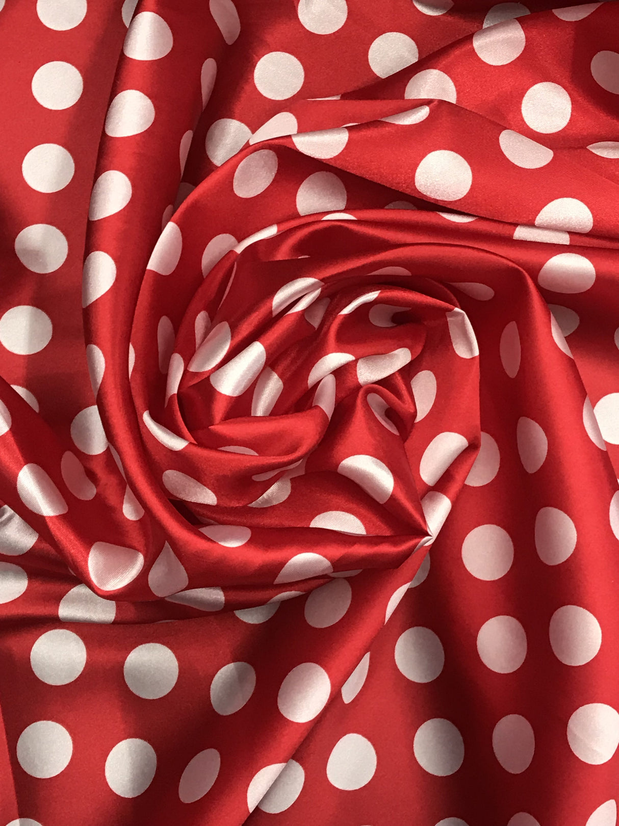 Big Polka Dots White On Red Polyester Satin Fabric - White Polka Dots On Red, 59/60" Width