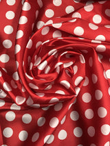 Big Polka Dots White On Red Polyester Satin Fabric - White Polka Dots On Red, 59/60" Width