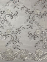 Elena's Lace Polyester Lace Fabric - White/Silver Sequins, Double Scalloped Edge, 54" Width (1 Yard)