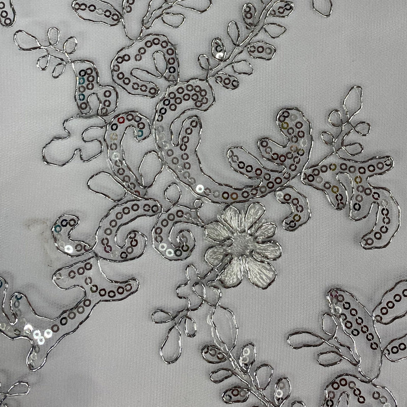 Elena's Lace Polyester Fabric - White/Silver/Silver Corded Mesh Embroidered With Sequins, Double Scalloped Edge, 54" Width (1 Yard)