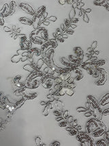 Elena's Lace Polyester Fabric - White/Silver/Silver Corded Mesh Embroidered With Sequins, Double Scalloped Edge, 54" Width (1 Yard)