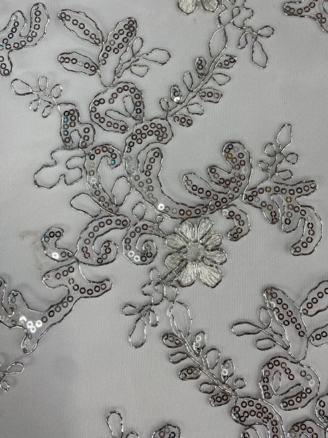 Elena's Lace Polyester Fabric - White/Silver/Silver Corded Mesh Embroidered With Sequins, Double Scalloped Edge, 54" Width (1 Yard)