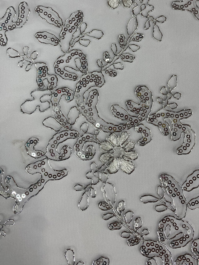 Elena's Lace Polyester Fabric - White/Silver/Silver Corded Mesh Embroidered With Sequins, Double Scalloped Edge, 54" Width (1 Yard)