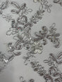 Elena's Lace Polyester Fabric - White/Silver/Silver Corded Mesh Embroidered With Sequins, Double Scalloped Edge, 54" Width (1 Yard)