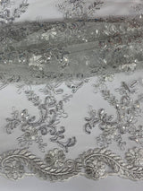 Elena's Lace Polyester Fabric - White/Silver/Silver Corded Mesh Embroidered With Sequins, Double Scalloped Edge, 54" Width (1 Yard)