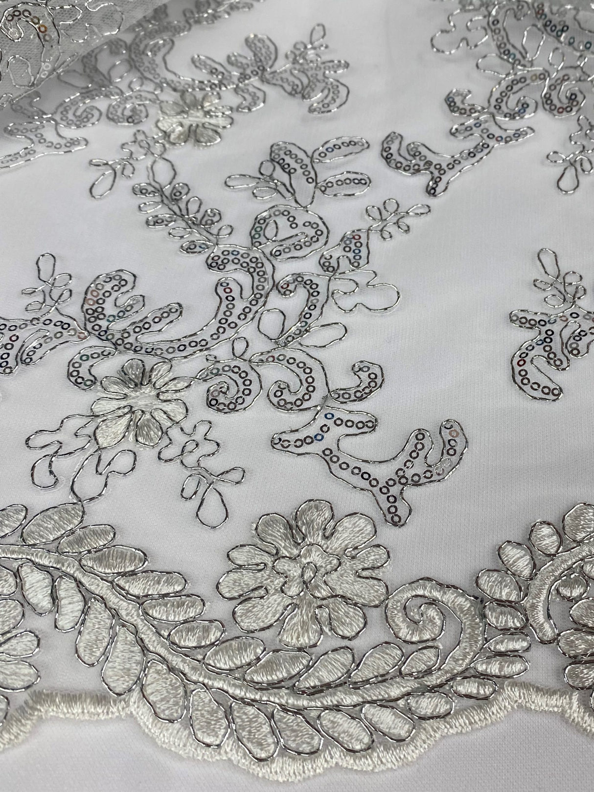 Elena's Lace Polyester Fabric - White/Silver/Silver Corded Mesh Embroidered With Sequins, Double Scalloped Edge, 54" Width (1 Yard)