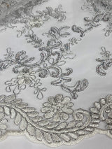Elena's Lace Polyester Fabric - White/Silver/Silver Corded Mesh Embroidered With Sequins, Double Scalloped Edge, 54" Width (1 Yard)