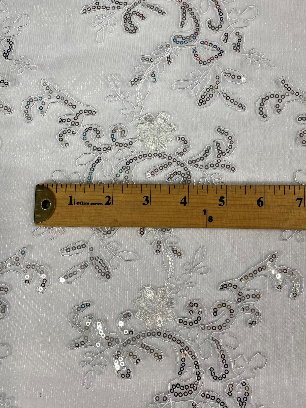 Elena's Lace Polyester Lace Fabric - White/Silver Sequins, Double Scalloped Edge, 54" Width (1 Yard)