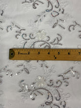 Elena's Lace Polyester Lace Fabric - White/Silver Sequins, Double Scalloped Edge, 54" Width (1 Yard)