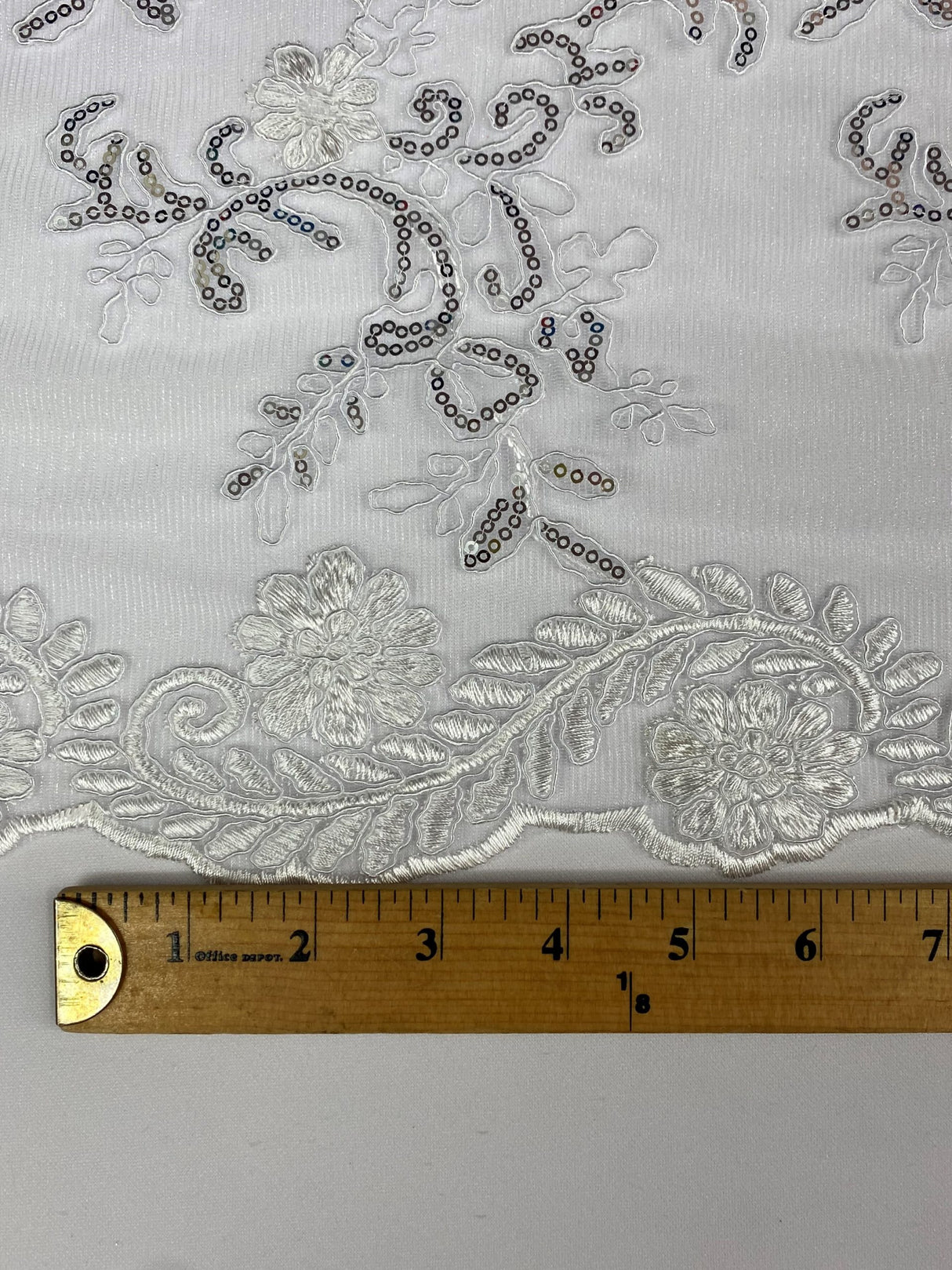 Elena's Lace Polyester Lace Fabric - White/Silver Sequins, Double Scalloped Edge, 54" Width (1 Yard)