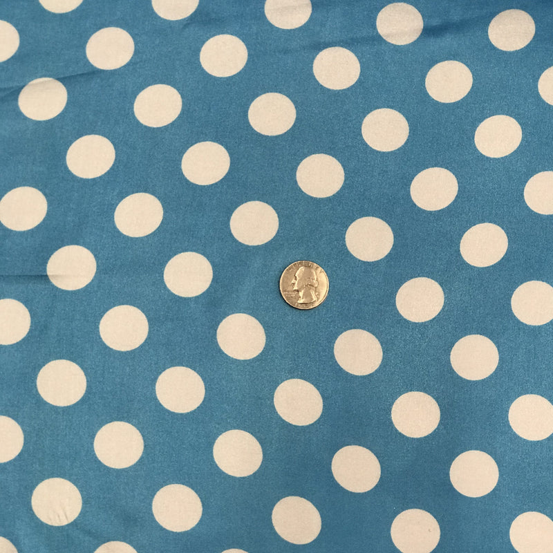Big Polka Dots White On Turquoise Polyester Satin Fabric - White Polka Dots, Turquoise, 59/60" Width
