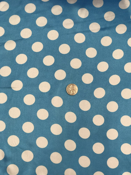 Big Polka Dots White On Turquoise Polyester Satin Fabric - White Polka Dots, Turquoise, 59/60" Width