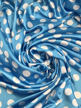 Big Polka Dots White On Turquoise Polyester Satin Fabric - White Polka Dots, Turquoise, 59/60" Width