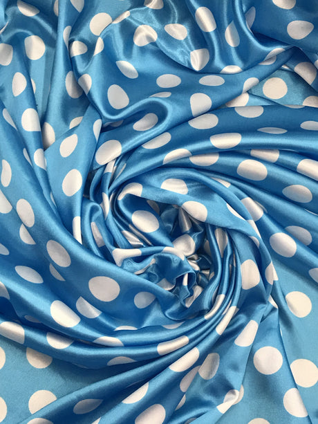 Big Polka Dots White On Turquoise Polyester Satin Fabric - White Polka Dots, Turquoise, 59/60" Width