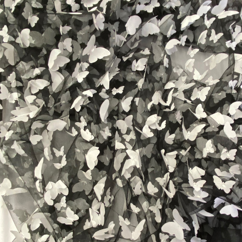 3D Butterflies White On Black Polyester Mesh Fabric - White Butterflies On Black, 54" Width (1 Yard)