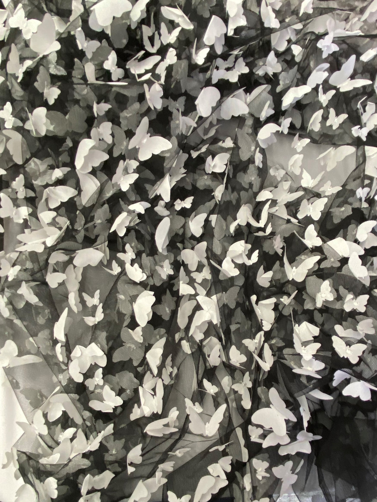 3D Butterflies White On Black Polyester Mesh Fabric - White Butterflies On Black, 54" Width (1 Yard)