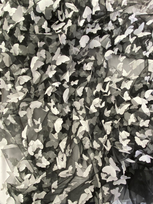 3D Butterflies White On Black Polyester Mesh Fabric - White Butterflies On Black, 54" Width (1 Yard)