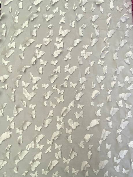3D Butterflies White On Black Polyester Mesh Fabric - White Butterflies On Black, 54" Width (1 Yard)