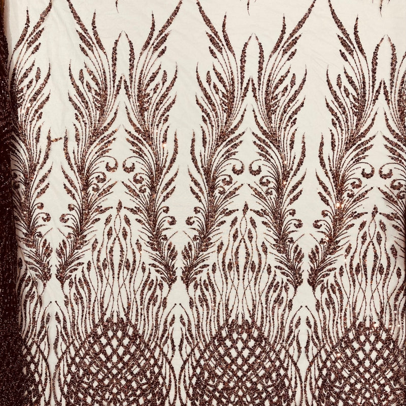Wing Feather Damask Beaded Lace Fabric - Feather Damask, Beaded Mesh Lace, 50-54" Width (1 Yard)
