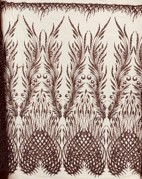 Wing Feather Damask Beaded Lace Fabric - Feather Damask, Beaded Mesh Lace, 50-54" Width (1 Yard)