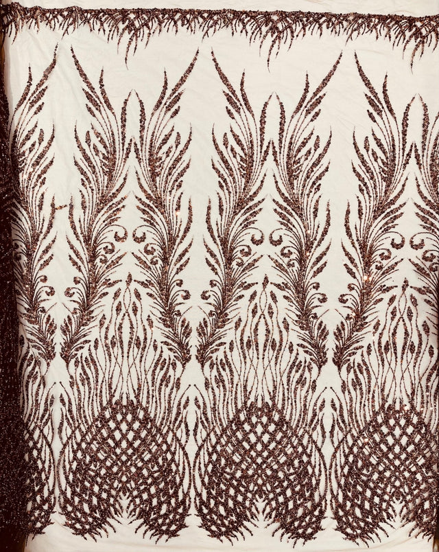 Wing Feather Damask Beaded Lace Fabric - Feather Damask, Beaded Mesh Lace, 50-54" Width (1 Yard)