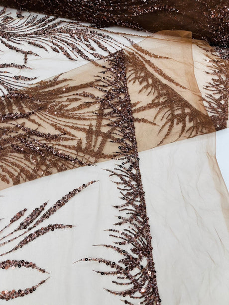 Wing Feather Damask Beaded Lace Fabric - Feather Damask, Beaded Mesh Lace, 50-54" Width (1 Yard)